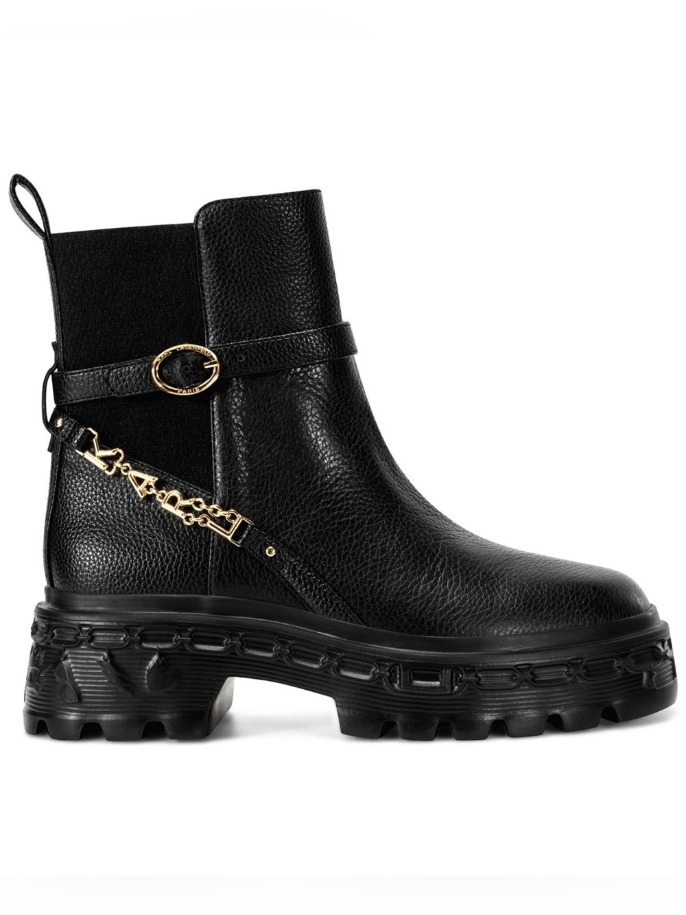 🔥Karl Lagerfeld Black Leather Platform Ankle Boots with Gold Chain Trim🔥BNIB 6